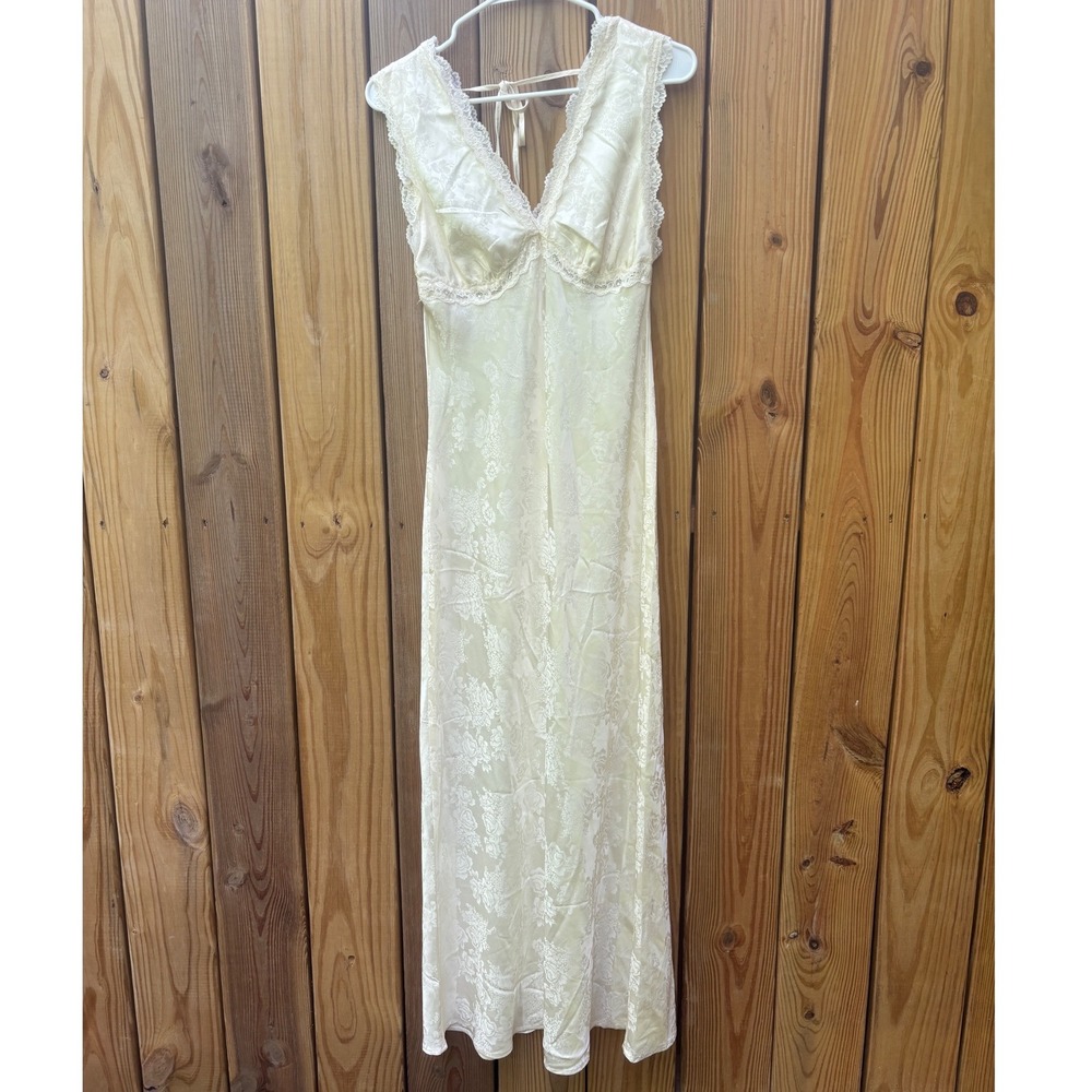 Ivory Satin Slip Dress Womens M Lace Trim Midi Minimalist Model Off Duty Chic - Picture 2 of 7
